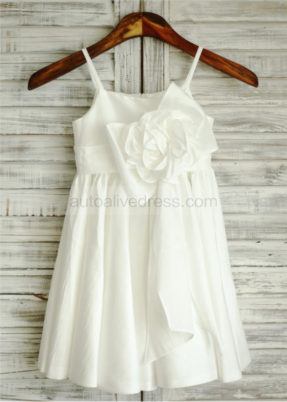 Ivory Taffeta Thin Straps Knee Length Flower Girl Dress